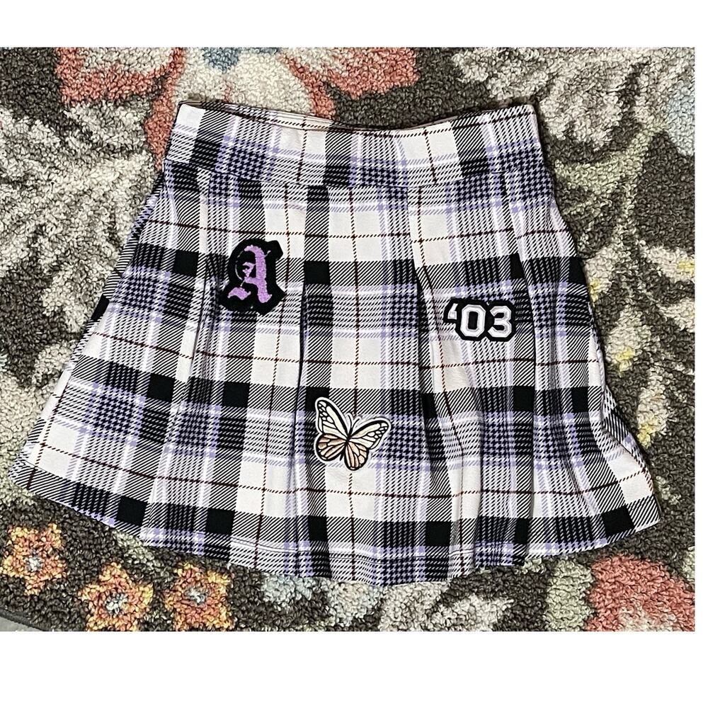 PLANET GOLD Womens Plaid Mini Skirt Preppy Schoolgirl Medium Purple‎ Black
